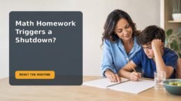 A caregiver calmly supporting a 10-year-old who feels anxious about math homework