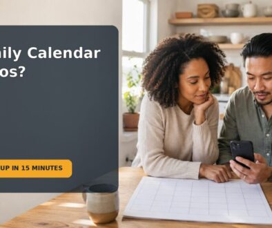 Two caregivers reviewing a shared family calendar together at a kitchen table