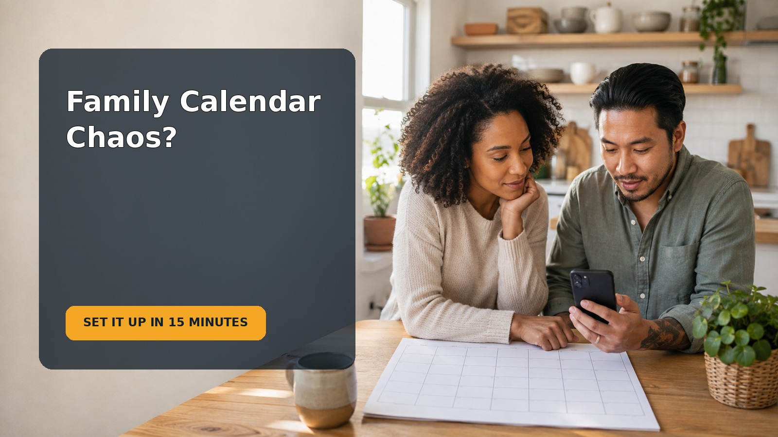 Two caregivers reviewing a shared family calendar together at a kitchen table