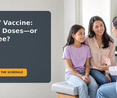 An 11-year-old sitting calmly with a caregiver while preparing for an HPV vaccination appointment