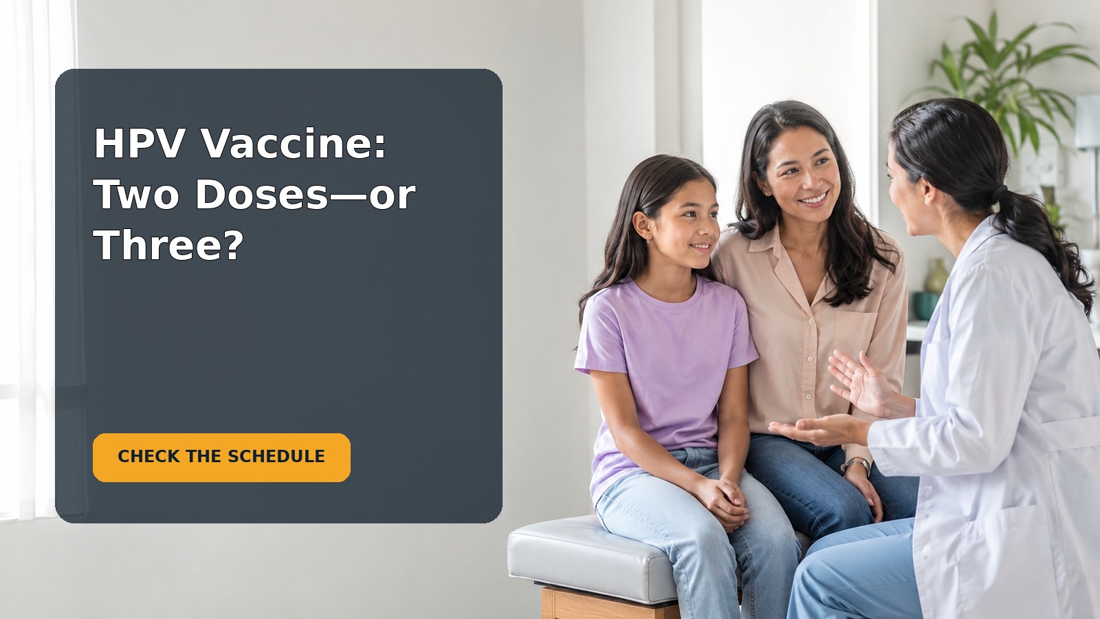 An 11-year-old sitting calmly with a caregiver while preparing for an HPV vaccination appointment