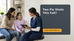 An 8-year-old sitting with a caregiver while preparing for a seasonal influenza vaccination appointment