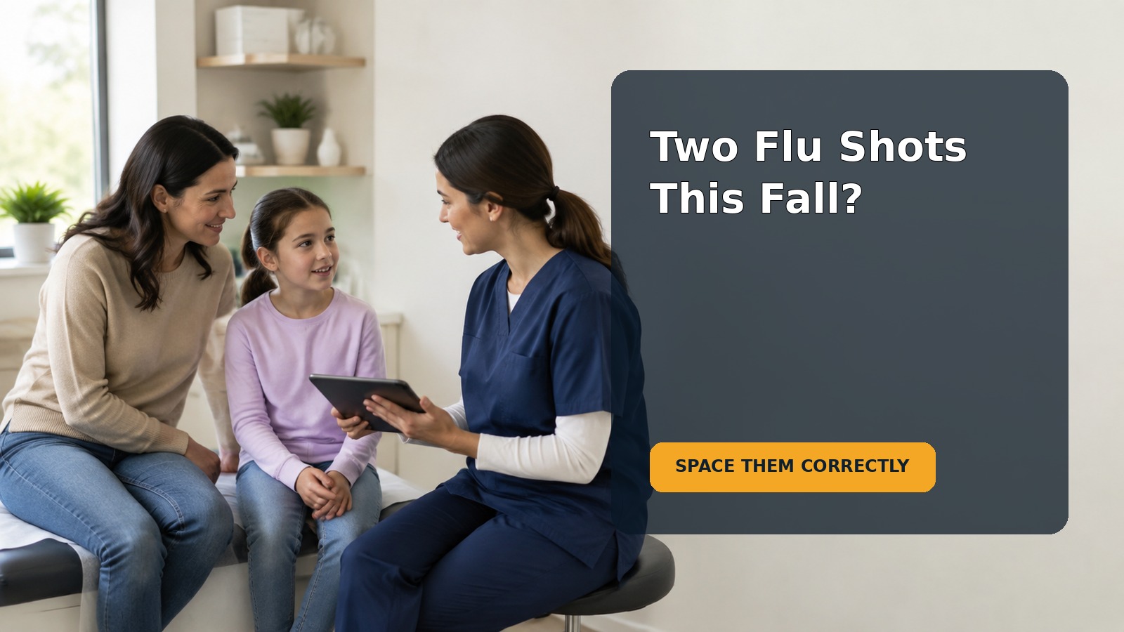 An 8-year-old sitting with a caregiver while preparing for a seasonal influenza vaccination appointment
