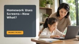 An 8-year-old completing online homework while a caregiver plans a balanced evening routine
