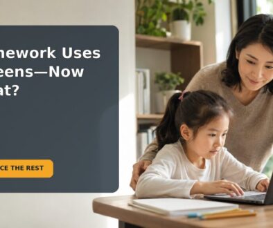 An 8-year-old completing online homework while a caregiver plans a balanced evening routine