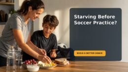 A 10-year-old soccer player choosing a balanced after-school snack with a caregiver