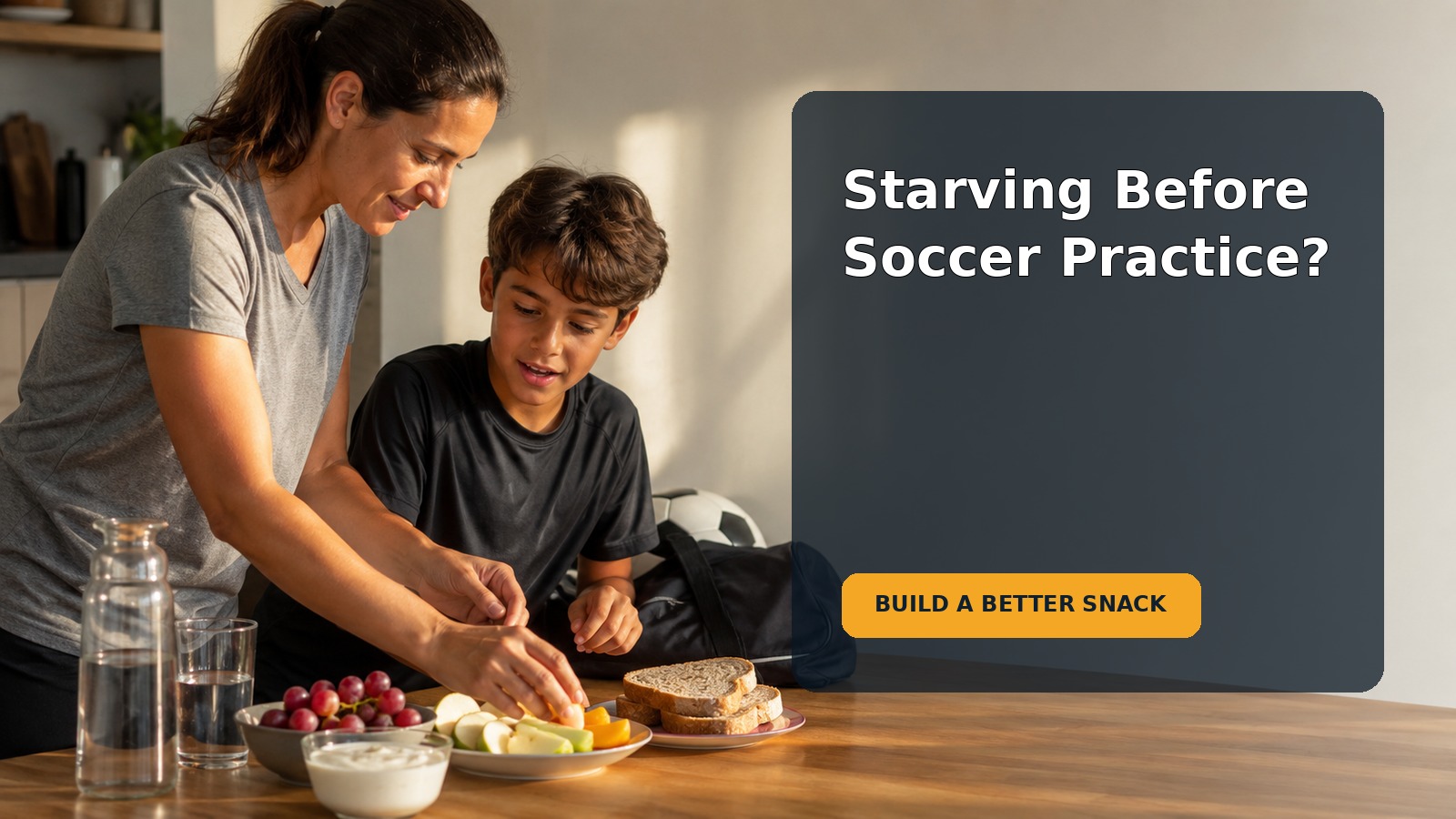 A 10-year-old soccer player choosing a balanced after-school snack with a caregiver