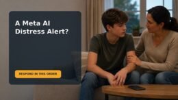 A parent sitting beside a 15-year-old for a calm safety conversation after receiving a distress alert