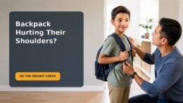 A 9-year-old and caregiver checking the weight and fit of a school backpack