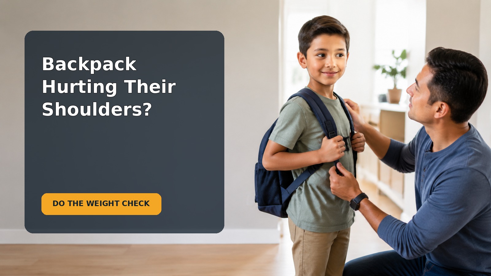 A 9-year-old and caregiver checking the weight and fit of a school backpack