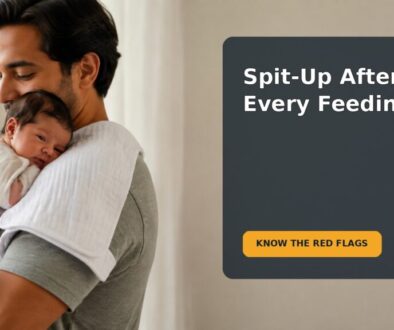 A caregiver holding a newborn upright after a feeding while checking for signs that need medical advice