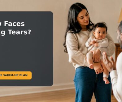 A baby staying close to a caregiver while gradually becoming comfortable with an unfamiliar visitor