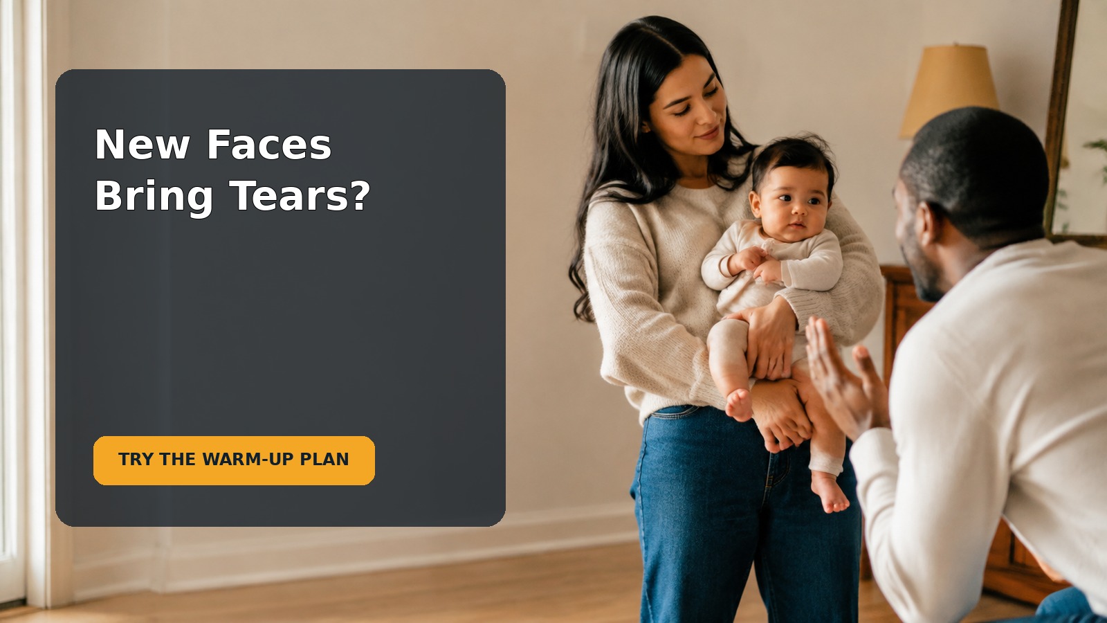 A baby staying close to a caregiver while gradually becoming comfortable with an unfamiliar visitor