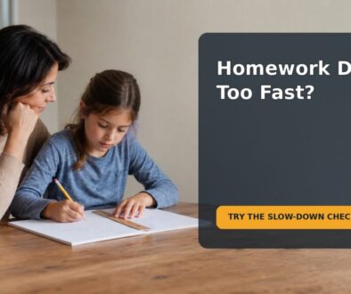A seven-year-old reviewing homework with a simple slow-down checklist beside a supportive caregiver