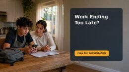 A teenager and parent calmly reviewing a late work schedule at a kitchen table