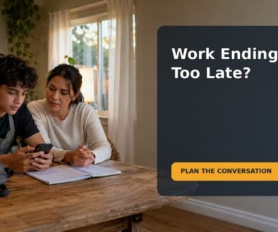A teenager and parent calmly reviewing a late work schedule at a kitchen table