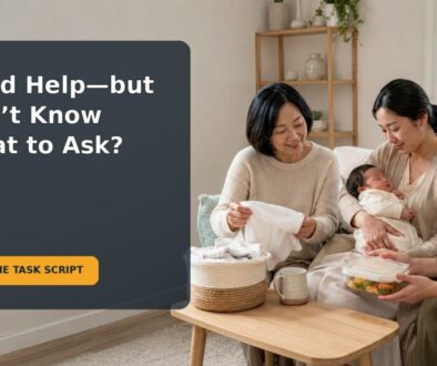 A family member brings a prepared meal while a parent holds a newborn at home
