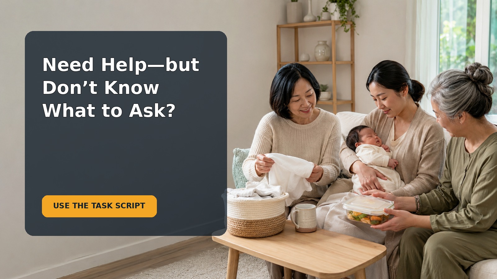 A family member brings a prepared meal while a parent holds a newborn at home