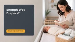 A caregiver checks a newborn's diaper while using a simple first-week tracking sheet