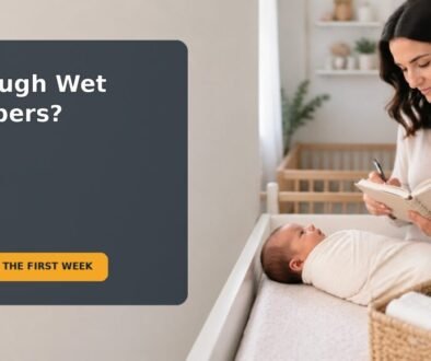 A caregiver checks a newborn's diaper while using a simple first-week tracking sheet