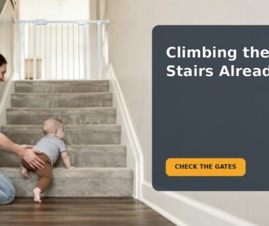 A baby practices climbing stairs while a caregiver stays close beside a secured stair gate