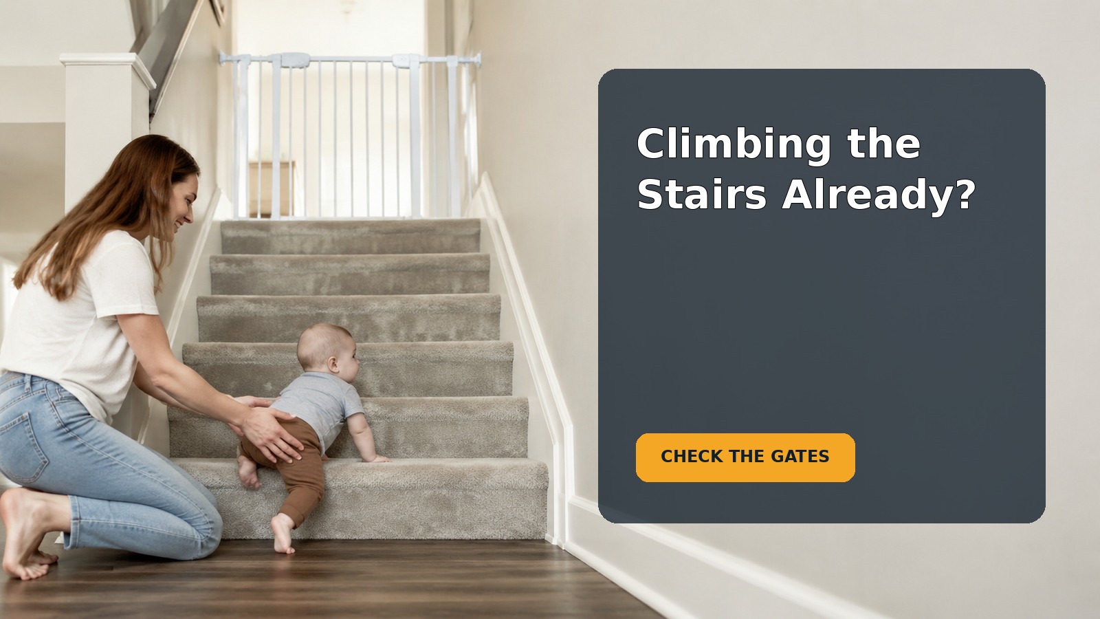 A baby practices climbing stairs while a caregiver stays close beside a secured stair gate
