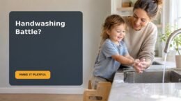 A caregiver helps a toddler wash their hands safely at a bathroom sink