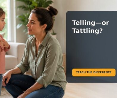 A preschool child talks with a calm caregiver about telling versus tattling