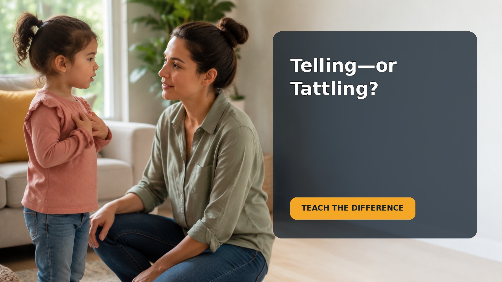 A preschool child talks with a calm caregiver about telling versus tattling