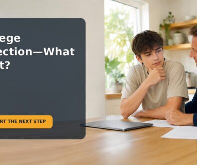 A parent sits beside a disappointed teen while they calmly review college options together