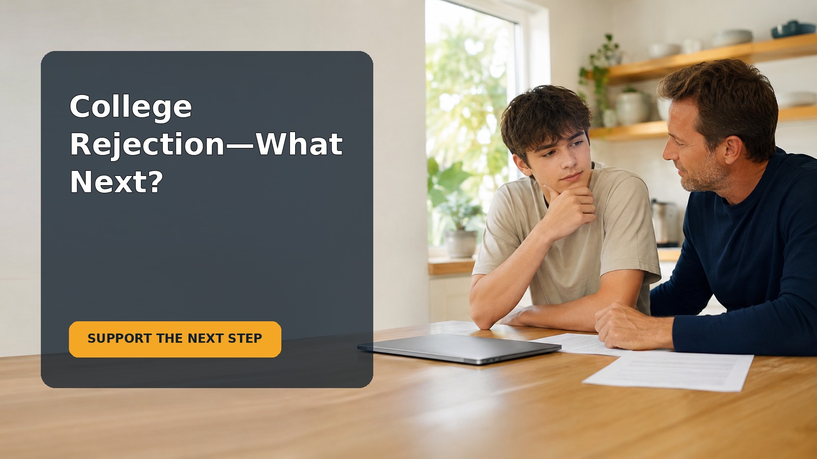 A parent sits beside a disappointed teen while they calmly review college options together