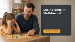 A school-age child and parent pause calmly beside a board game after a difficult loss