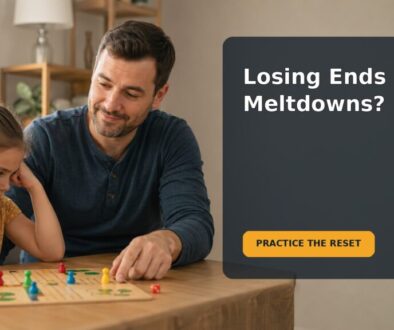 A school-age child and parent pause calmly beside a board game after a difficult loss
