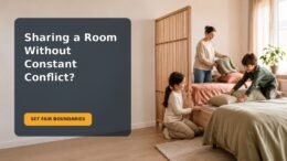 Two school-age siblings calmly organize separate personal spaces in a shared bedroom