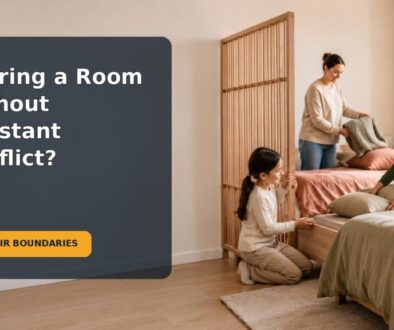 Two school-age siblings calmly organize separate personal spaces in a shared bedroom