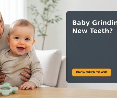 A caregiver calmly observes a nine-month-old baby with newly erupted teeth