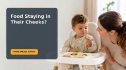 A toddler sits upright at a supervised family meal while a caregiver watches calmly
