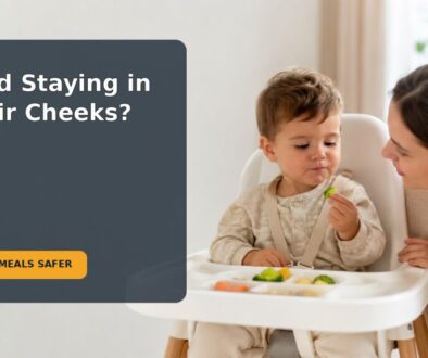 A toddler sits upright at a supervised family meal while a caregiver watches calmly