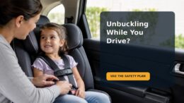A preschooler sits correctly secured in a car seat while a caregiver checks the harness before driving