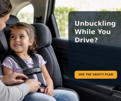 A preschooler sits correctly secured in a car seat while a caregiver checks the harness before driving