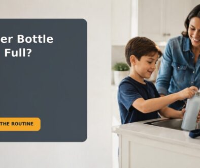 A school-age child holds a reusable water bottle while preparing for the school day