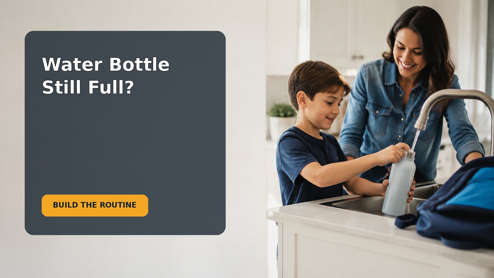 A school-age child holds a reusable water bottle while preparing for the school day