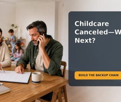 Editorial family scene about planning backup childcare for a school closure
