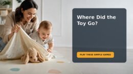 A baby plays peekaboo with a caregiver and searches for a partly hidden toy