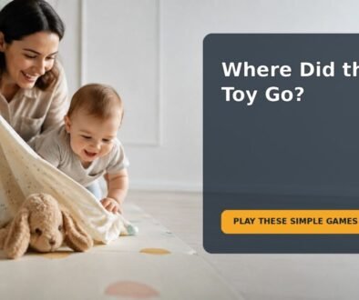 A baby plays peekaboo with a caregiver and searches for a partly hidden toy