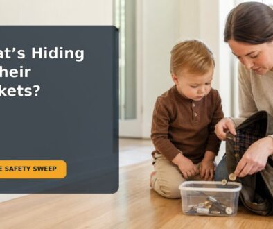 A toddler and caregiver safely empty small found objects from a pocket into a container
