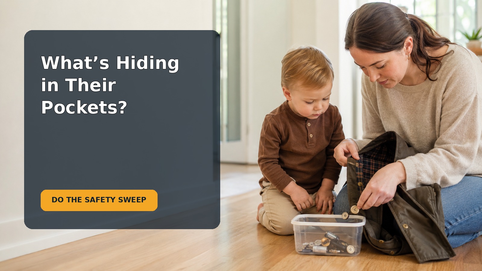 A toddler and caregiver safely empty small found objects from a pocket into a container