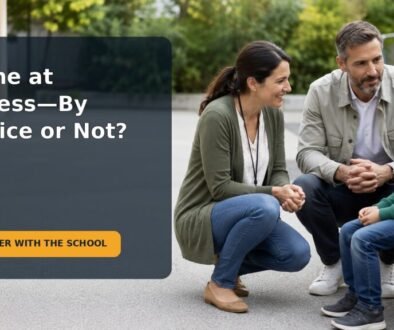 A school-age child sitting alone near a playground while a supervising adult observes supportively