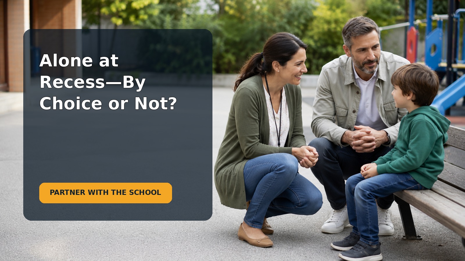 A school-age child sitting alone near a playground while a supervising adult observes supportively