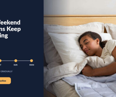 A teen sleeps in a bright bedroom beside a dawn-to-night timeline and a headline about weekend sleep-ins backfiring.